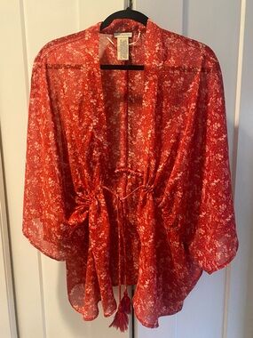 Lucky Brand Red Floral Sheer Tie-Waist Kimono